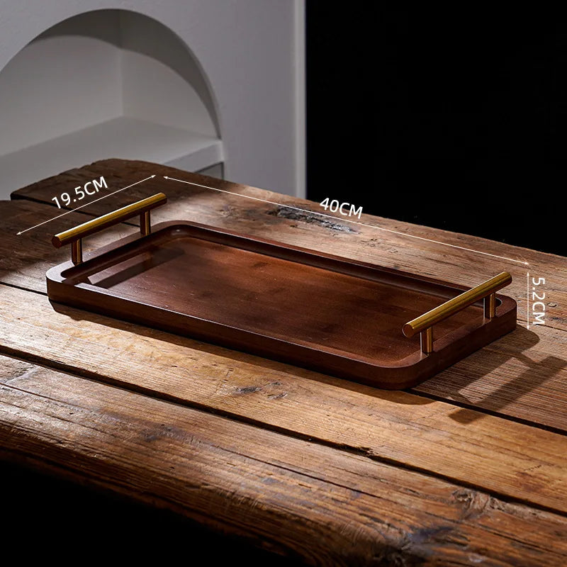 Wooden Tray with Golden Metal Handle for Water Cup Fruit Food Bread Sundries Serving Tray Household Organizer